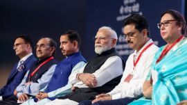 Prime Minister Narendra Modi along with Union Education Minister Pralhad Joshi and others during the centenary celebrations of Shri Ram College of Commerce (SRCC), in New Delhi. (PMO via PTI Photo)