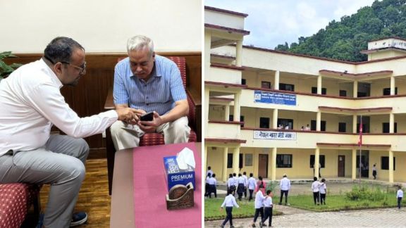 India’s Ambassador to Nepal, Naveen Srivastava, met Rajendra Dawadi, principal of Tribhuvan Trishuli Secondary School in Bidur, on Tuesday and commended his swift response during the August 26 floods. (Photos: X/@navsri6619)