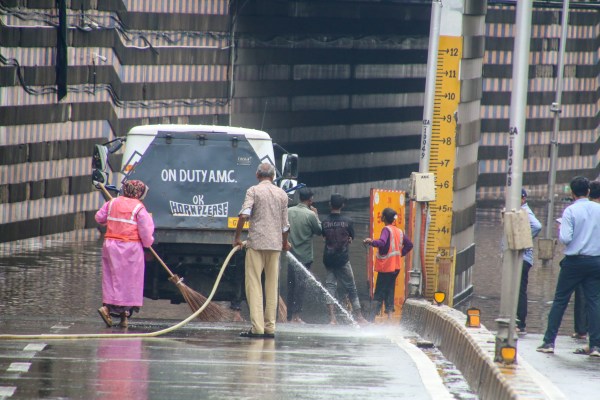 Akhbarnagar Underpass Closed Due to Waterlogging in Ahmedabad on Monday. EXPRESS PHOTO 
