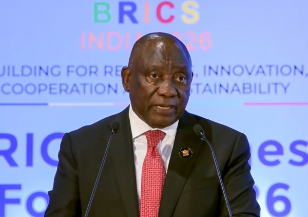 South African President Cyril Ramaphosa delivers an address during the Leaders' Session of the BRICS Business Forum at Bharat Mandapam, in New Delhi. (@pmoindia/YT via PTI Photo)