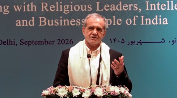 Iran's President Masoud Pezeshkian delivers an address during the BRICS Business Forum in New Delhi Sept. 11, (PTI Photo)