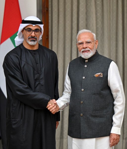 Prime Minister Narendra Modi during a meeting with Abu Dhabi Crown Prince, Sheikh Khaled bin Mohamed bin Zayed Al Nahyan, on the sidelines of the 18th BRICS Summit (PMO via PTI Photo)