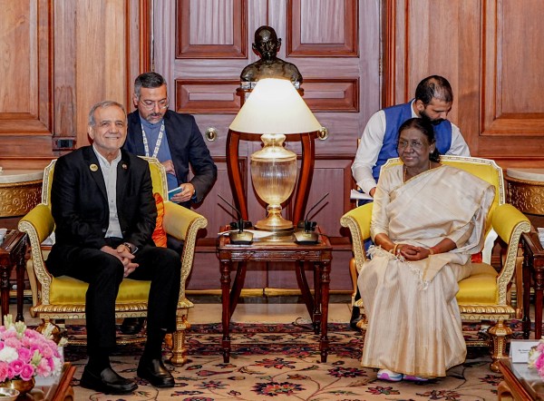 **EDS: THIRD PARTY IMAGE** In this image released on Sept. 12, 2026, President Droupadi Murmu during a meeting with her Iranian counterpart Masoud Pezeshkian, on the sidelines of the 18th BRICS Summit, in New Delhi. (MEA via PTI Photo) (PTI09_12_2026_000126B)