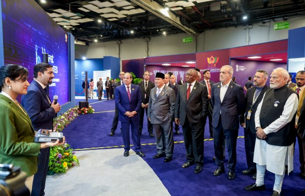 **EDS: THIRD PARTY IMAGE** In this image released on Sept. 12, 2026, from left, Egyptian President Abdel Fattah el-Sisi, Indonesian President Prabowo Subianto, South African President Cyril Ramaphosa, Iranian President Masoud Pezeshkian and Prime Minister Narendra Modi during the 'Bharat Innovates Exposition' amid the ongoing 18th BRICS Summit, at the Bharat Mandapam, in New Delhi. (MEA via PTI Photo)(PTI09_12_2026_000344B)