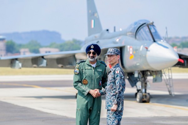 Chief of the Air Staff (CAS) Air Marshal AP Singh, left, with Japan Air Self-Defense Force (JASDF) Chief of Staff General Takehiro Morita during the joint air exercise 'Veer Guardian 2026', at Air Force Station, in Jodhpur, Rajasthan, Sunday. 
