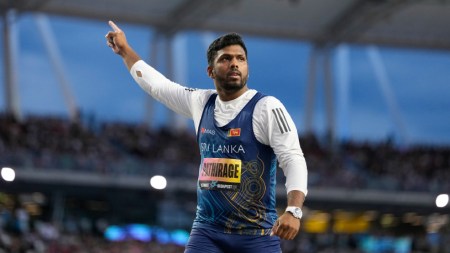 Rumesh Pathirage, of Sri Lanka, reacts after an attempt in the men's javelin throw final at the World Athletics Ultimate Championship in Budapest, Hungary, Sunday, Sept. 13, 2026. (AP Photo/Matthias Schrader)