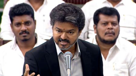 Tamil Nadu Chief Minister Vijay speaks during the state Legislative Assembly session, in Chennai. (@tamilnaduassembly/X via PTI Photo)