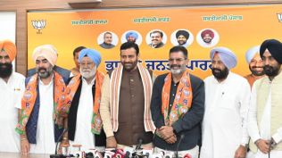 Former Punjab Chief Minister late Parkash Singh Badal’s cousin, Major (Retd) Bhupinder Singh Badal, who served as his political adviser for 25 years, on Monday joined the BJP in the presence of Haryana Chief Minister Nayab Singh Saini. Photo released by Haryana DPR