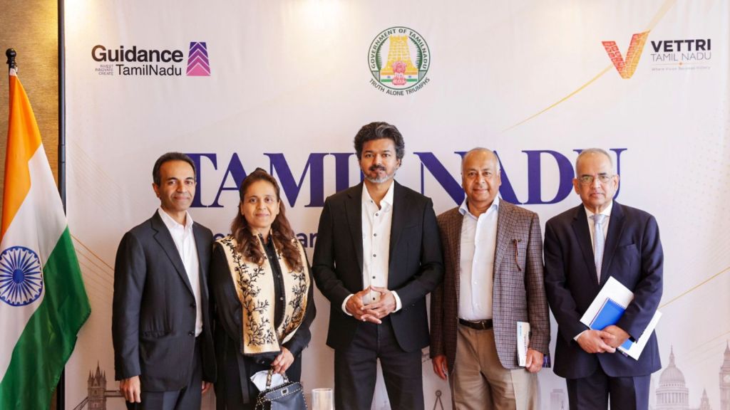 Tamil Nadu Chief Minister C Joseph Vijay, with other officials, during a meeting to discuss investments in the state's renewable energy sector, in London, UK. (Handout via PTI Photo)