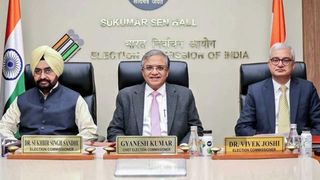 Election Commissioners Sukhbir Singh Sandhu and Vivek Joshi with CEC Gyanesh Kumar