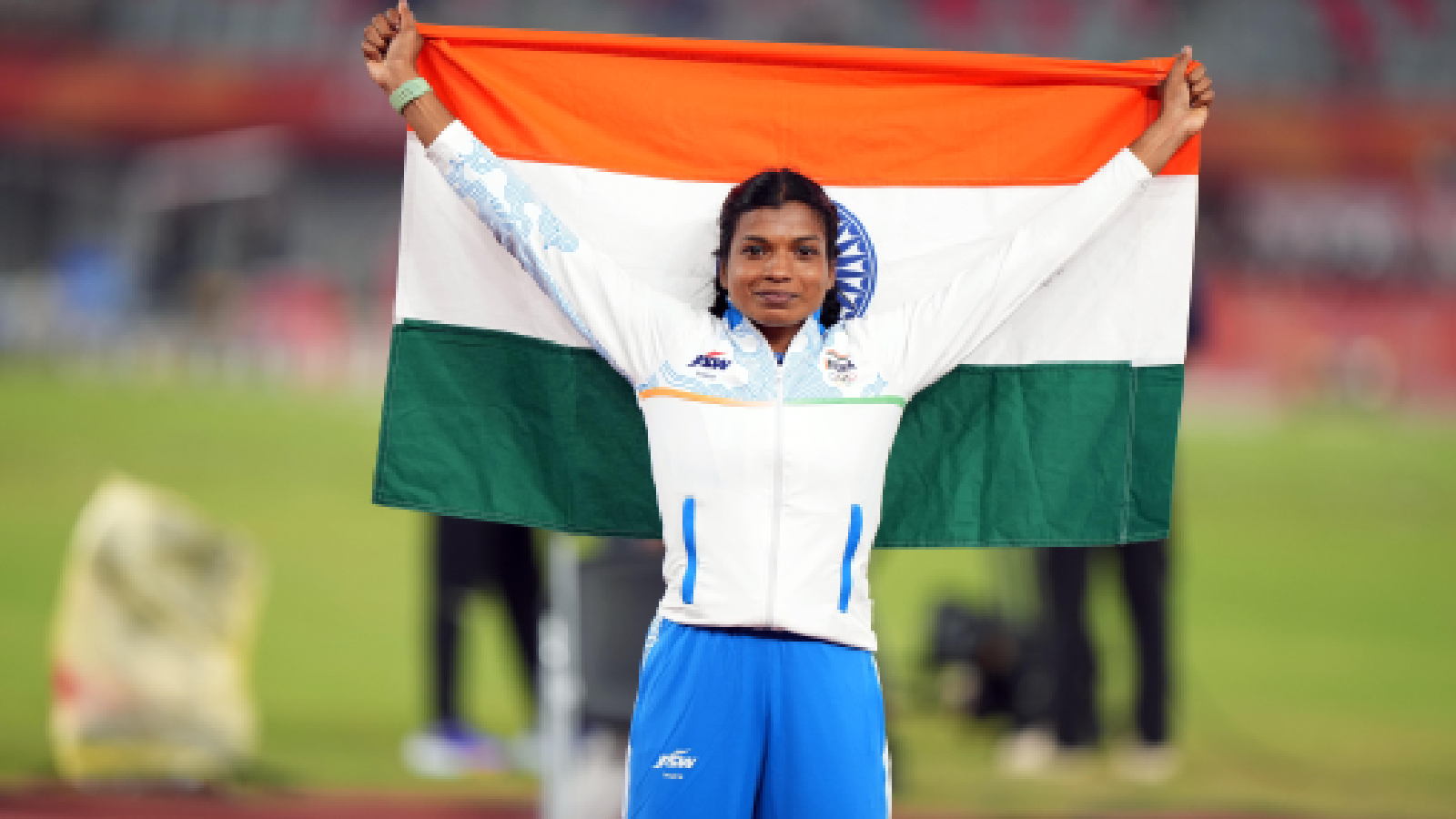 India’s Baranica Elangovan poses for a picture after winning bronze in the women’s pole vault at the Asian Games 2026, in Nagoya on Friday.