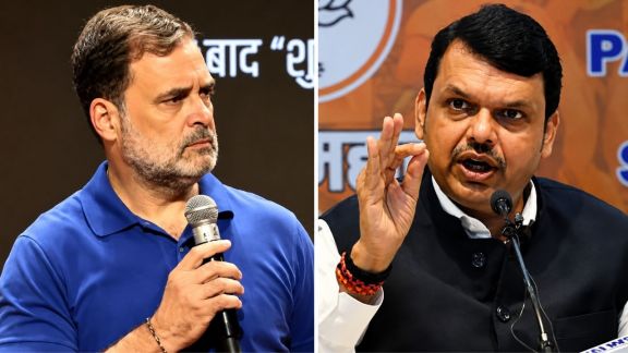 At the meeting, Maharashtra Chief Minister Devendra Fadnavis (right) and the party’s top leadership devoted considerable time to countering the political imprint left by the Congress leader Rahul Gandhi. (File Photos/Enhanced using AI)