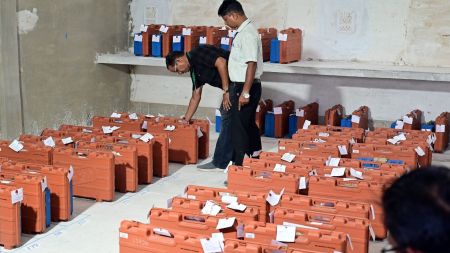 Bikaner: Election officials inspect (Electronic Voting Machines) EVMs kept at the counting centre at Government Polytechnic College ahead of counting of votes for the Bikaner Municipal Corporation elections, in Bikaner, Monday, Sept. 14, 2026. (PTI Photo)