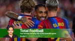Barcelona's Raphinha (center) hugs teammates Anthony Gordon (left) and Dani Olmo during a Spanish La Liga soccer match between Barcelona and Rayo Vallecano. (AP Photo)