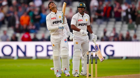 Pakistan's Razaullah reacts after being stumped by England's Jordan Cox with batting partner Mohammad Ali on day three of the third cricket Test between England and Pakistan in Birmingham. (PA via AP)