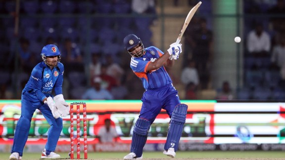 Indian Batsman Sanju Samson plays a shot during India and Afghanistan T20, at Arun Jaitley Cricket Stadium in New Delhi on Tuesday.