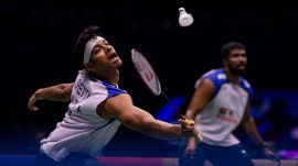 (L-R) Chirag Shetty and Satwiksairaj Rankireddy in action against France's Popov Brothers at China Masters Super 750. (Badminton Photo)