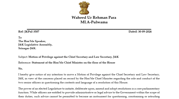  Motion of Privilege against the Chief Secretary and Law Secretary, J&K 