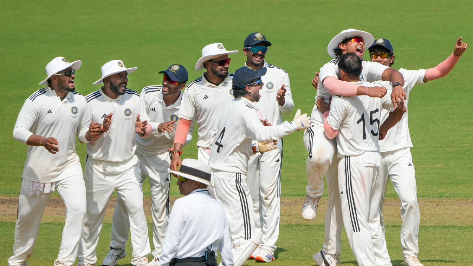 East Zone's Mohammed Shami, 15, celebrates with teammates for the wicket of South Zone's Smaran Ravichandran on day 3 of the Duleep Trophy 2026-27 final cricket match between South Zone and East Zone, in Chennai, Tamil Nadu, Tuesday, Sept. 8, 2026.