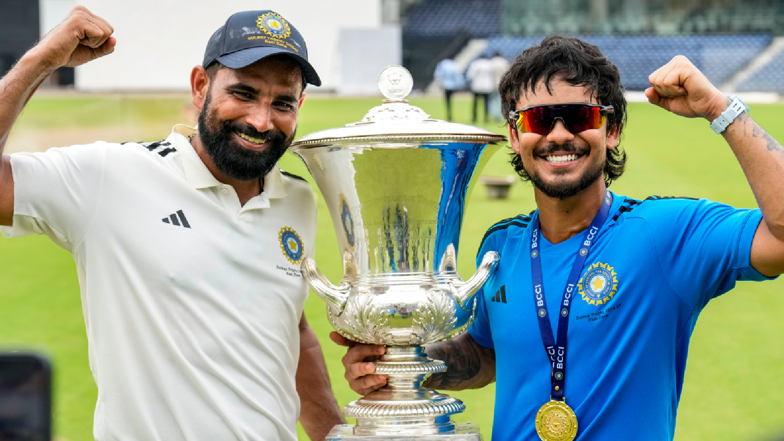 East Zone's captain Ishan Kishan, right, and Mohammed Shami pose with the trophy after winning the Duleep Trophy 2026-27, in Chennai, Tamil Nadu, Thursday, Sept. 10, 2026.
