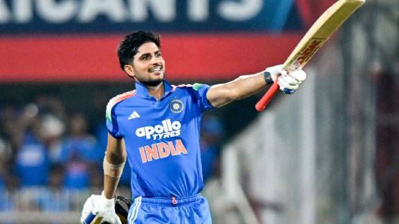 Indian skipper Shubman Gill celebrates his century during the 2nd ODI against West Indies at Barsapara Cricket Stadium, in Guwahati on Wednesday. (ANI Photo)