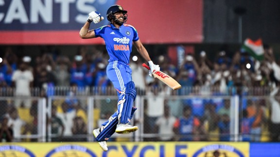 Indian skipper Shubman Gill celebrates his double century during the 2nd ODI against West Indies at Barsapara Cricket Stadium, in Guwahati on Wednesday. (ANI Photo)