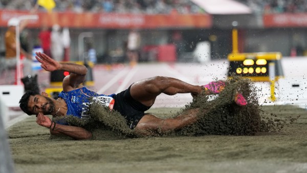 Murali Sreeshankar in action during long jump event in Nagoya.