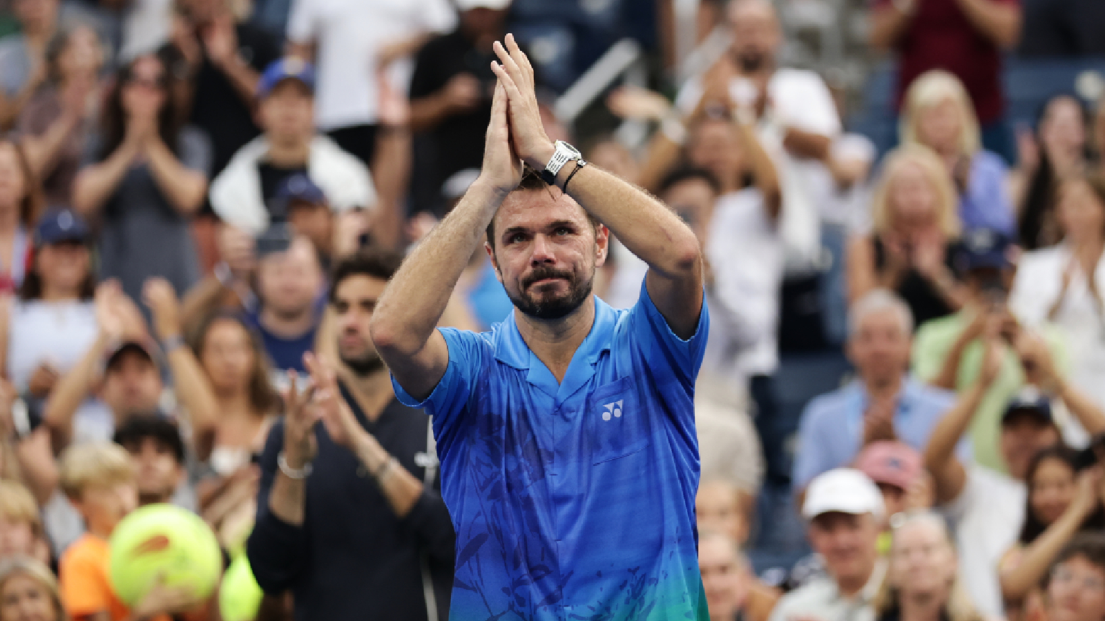 Stan Wawrinka, of Switzerland, gestures to the crowd after he lost to Matteo Berrettini, of Italy, during the first round of the U.S. Open tennis championships Monday, Aug. 31, 2026, in New York.