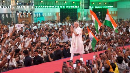 Vadodara [Gujarat], Sep 08 (ANI): Prime Minister Narendra Modi greets as he arrives to attend the 'NaMo for Viksit Bharat' event, in Vadodara on Tuesday. (@narendramodi X/ANI Photo)