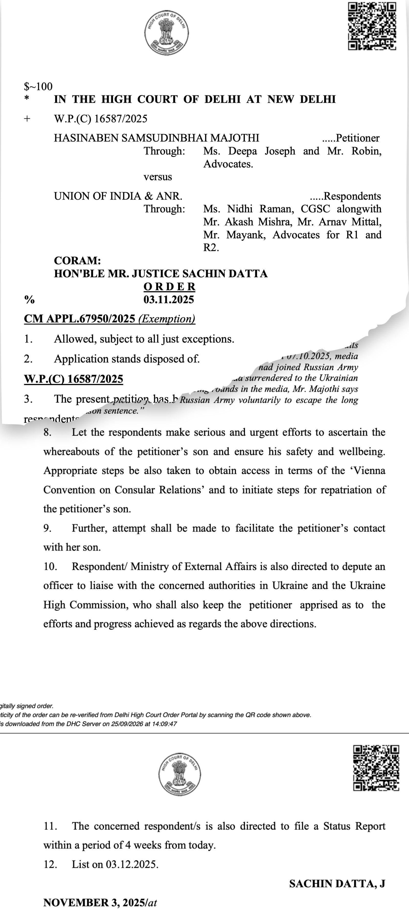 The Delhi High Court order after Hasina Majothi filed a writ petition through her advocates, seeking Sahil's repatriation.