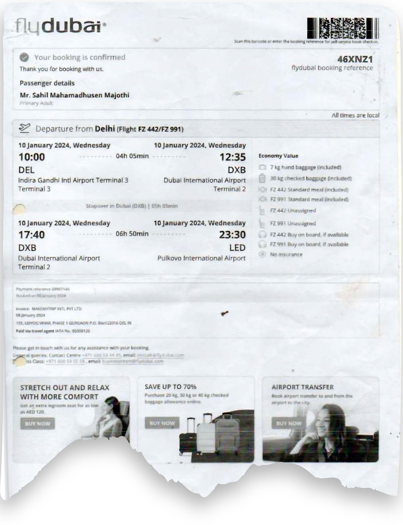 Sahil Majothi's flight ticket to Russia via Dubai