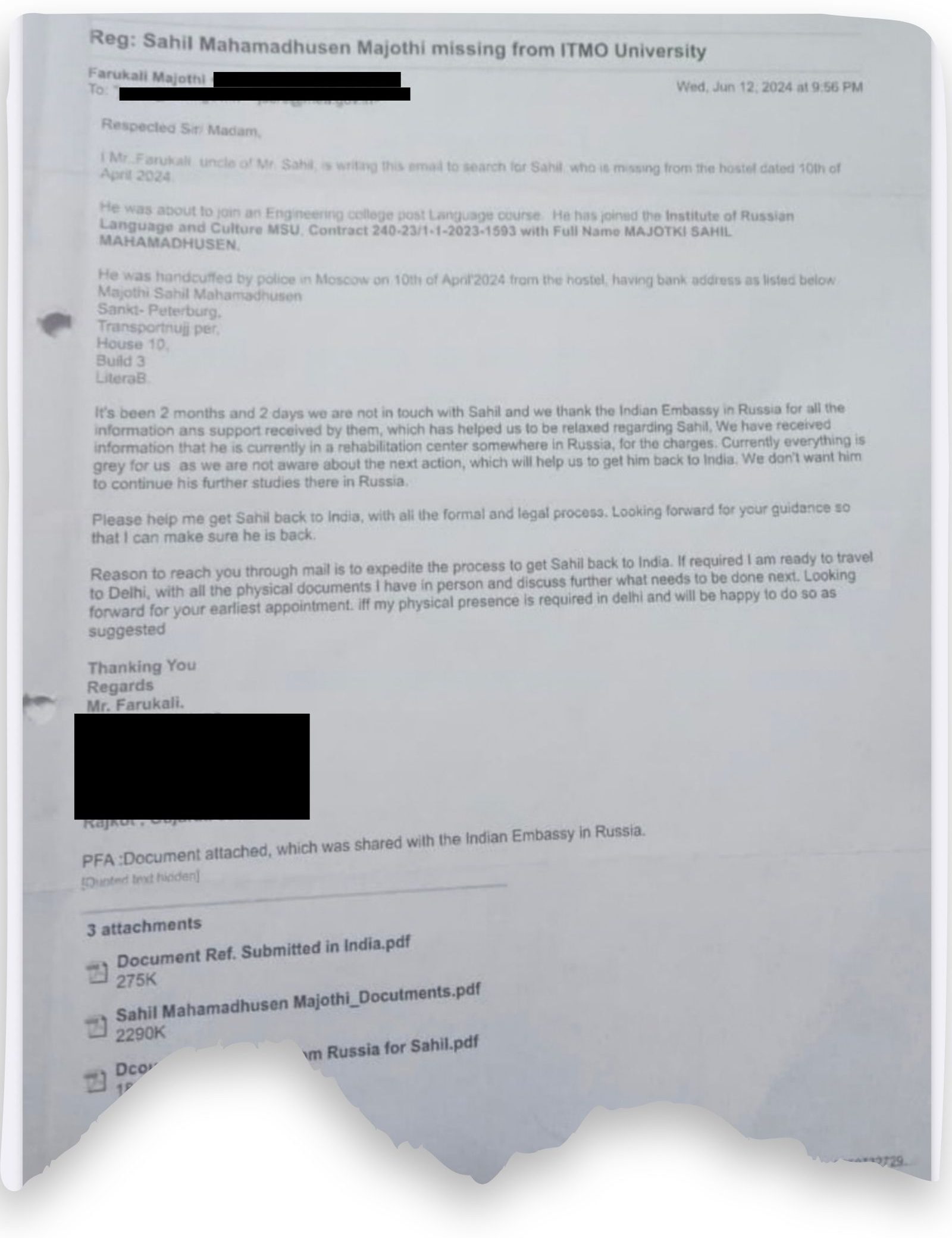 Email sent by Sahil Majothi's uncle Farukali to the MEA