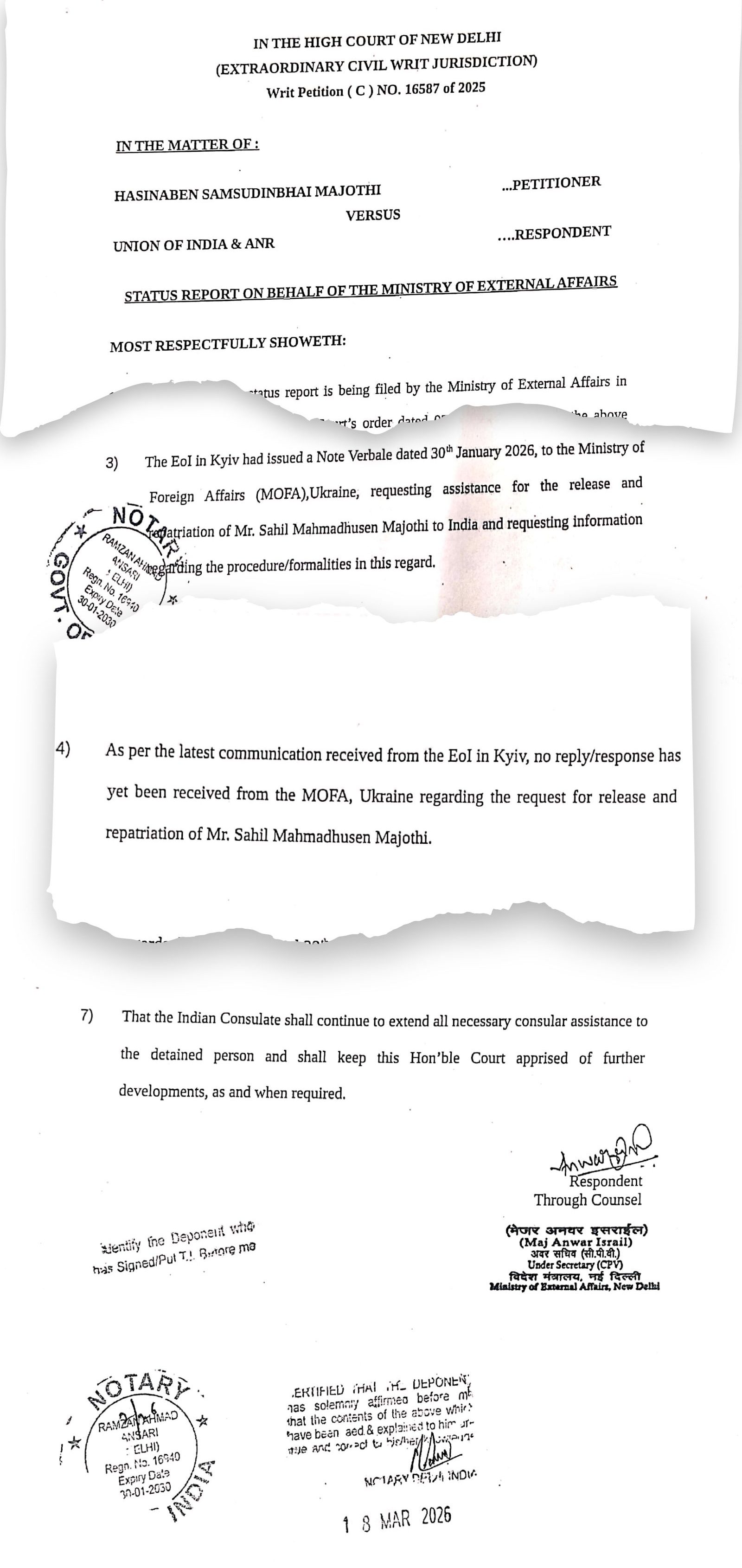 MEA response to Delhi High Court after the latter sought status reports in the Sahil Majothi case