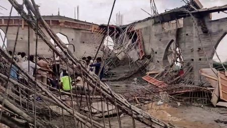Rescue operation underway after the roof of an under-construction church collapsed, near Katpadi, Vellore, Tamil Nadu, Thursday, Sept. 10, 2026. Several people injured in the incident. (PTI Photo)
