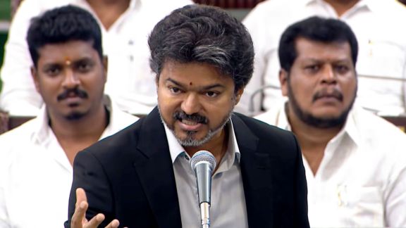 Tamil Nadu Chief Minister Vijay speaks during the state Legislative Assembly session, in Chennai. (@tamilnaduassembly/X via PTI Photo)