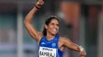India’s Vithya Ramraj, right, celebrates after winning bronze medal in women’s 400 meter Hurdles final event in the ongoing Asian Games 2026, in Nagoya, Japan, Monday, Sept. 28, 2026. (PTI)
