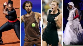 L-R: Serena Williams, Carlos Alcaraz, Maria Sharapova, and Naomi Osaka: four tennis icons who made fashion as memorable as their matches at the US Open. (Reuters/AP)