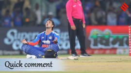 Abhishek Sharma holds a yoga pose after reaching his century in just 30 balls against Afghanistan. (Express Photo by Abhinav Saha)
