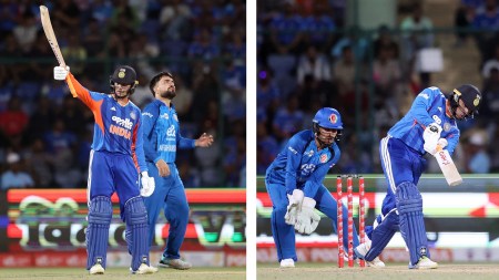 Abhishek Sharma in action vs Afghanistan in the first T20I at New Delhi. (Express Photo by Praveen Khanna)