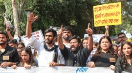 New Delhi, Sep 08 (ANI): Protesters raise slogans during the Akhil Bharatiya Vidyarthi Parishad (ABVP)-led 'Nyay Yatra' over the Satya Niketan building collapse and other demands, in New Delhi on Tuesday. (ANI Photo)