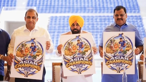 Punjab Chief Minister Bhagwant Mann and Hockey India and Punjab officials at the launch of the logo for the upcoming Asian Champions Trophy in Mohali on Monday. (Express photo)