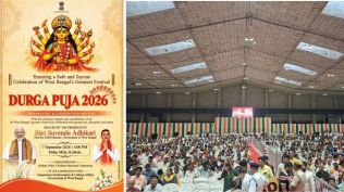 The 11-armed Goddess Durga on Bengal government ad; people attend the West Bengal government’s coordination meeting ahead of Durga Puja. (Special Arrangement)
