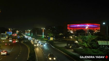 BRICS Summit 2026 Live Updates: Bharat Mandapam illuminated ahead of the BRICS Summit 2026 in New Delhi on Thursday. (Express Photo by Gajendra Yadav)