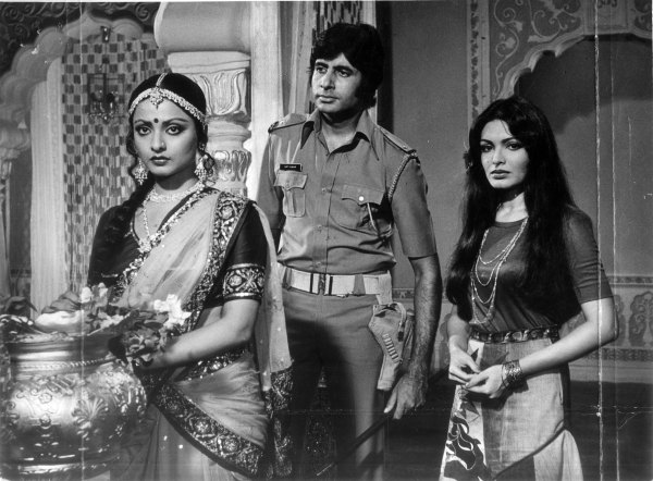 Film star Rekha, Amitabh Bachchan and Parveen Babi in film SUHAAG. Express archive photo