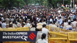Crowd of CJP protesters at Sansad Marg on July 20. (Express Photo by Gajendra Yadav)