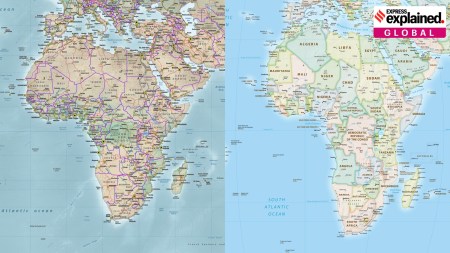 A composite image showing the Mercator map's projection of Africa (left), against the new Equal Earth projection.
