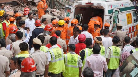 A total of 12 people have been rescued from the site of the Satya Niketan building collapse, while seven people have died, Delhi Police said on Monday. (Express Photo by Afshana Ali)