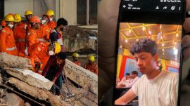At the collapse site, rescuers are still searching for people trapped under the rubble (L) and Pawan's photo on his sister's phone