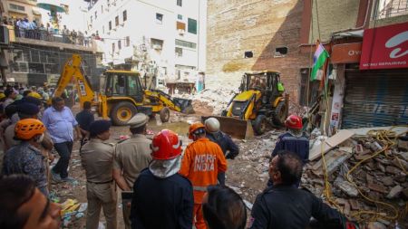 Rescue underway a day after building collapsed at Satya Niketan in New Delhi on Monday. (EXPRESS PHOTO BY PRAVEEN KHANNA)
