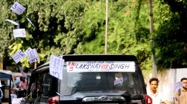 Students campaign in support of candidates for the Delhi University Students Union (DUSU) election at North Campus, in New Delhi on Wednesday. (Express Photo By Amit Mehra)